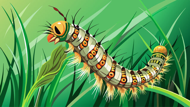 Grass moth, acronicta rumicis larvae, caterpillar climbing on stem with green background from side. Macro animal .Very beautiful
