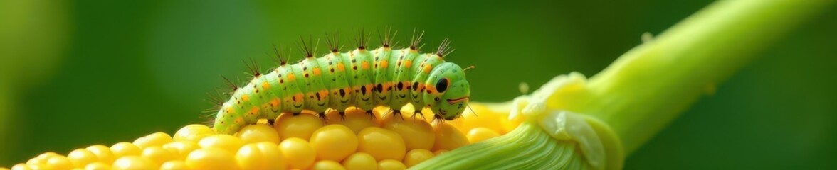 Close-up vibrant corn silk, tiny caterpillar feeding , feeding, vegetable