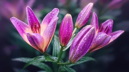 Fototapeta premium Closed Cactus Flowers with Dew Glowing Under Distant Moonlight