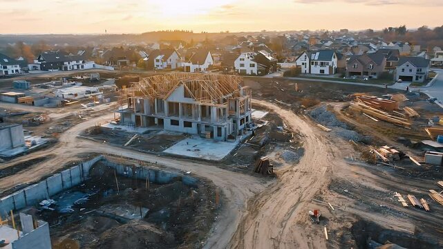 Construction Site Aerial View of Incomplete Building at Sunset with Neighborhood in the Distance Featuring Scattered
