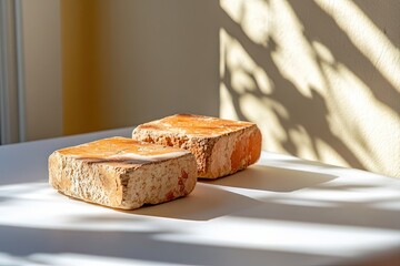 A pair of bricks resting on a stark white table with dramatic shadows cast on them 