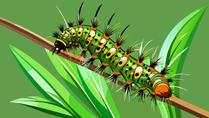 Fototapeta premium Grass moth, acronicta rumicis larvae, caterpillar climbing on stem with green background from side. Macro animal .Very beautiful