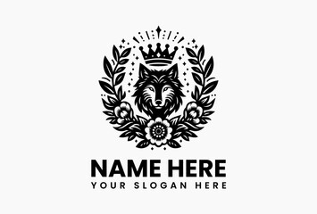 Fierce wolf head crowned with thorned roses, majestic vector emblem for motorcycle clubs and luxury streetwear 