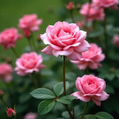 Elegant pink rose bush, slender stems, lush garden , petals, garden flowers