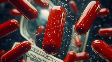Red pills levitating over money, a medical concept.