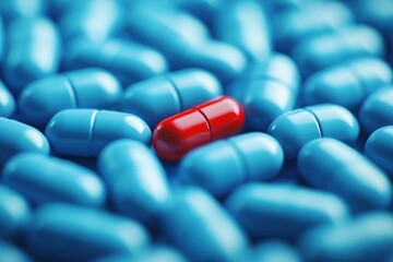 focus on standout red capsule in a pile of identical blue capsules