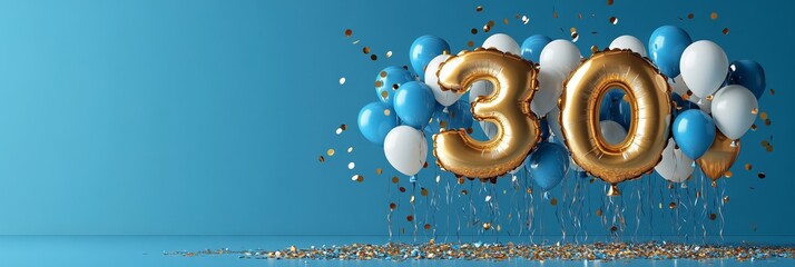Golden Number 30 Balloon Decoration With Blue and White Balloons For 30th Birthday Celebration