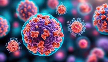 3D microscopic visualization of viral particles with spike proteins, background for healthcare and science themes