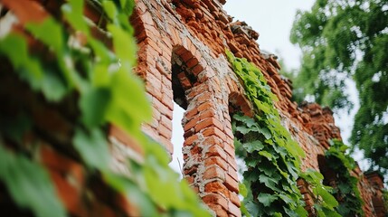 A ruined castle with crumbling red brick walls covered in ivy 