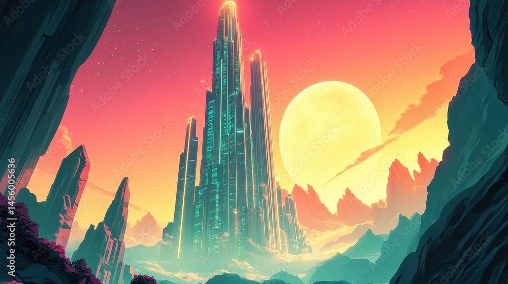 Poster pixelated alien skyline with a luminous futuristic city bathed in the warm glow of a binary sun in a