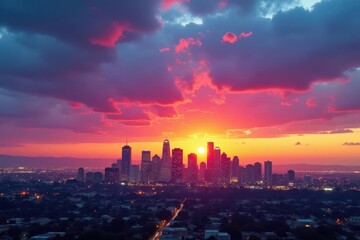 Fototapeta premium Sunset hues paint cloudy sky above San Diego's downtown skyline , downtown, light, atmospheric