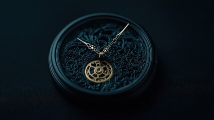 A black clock with gold hands and a gold gear.