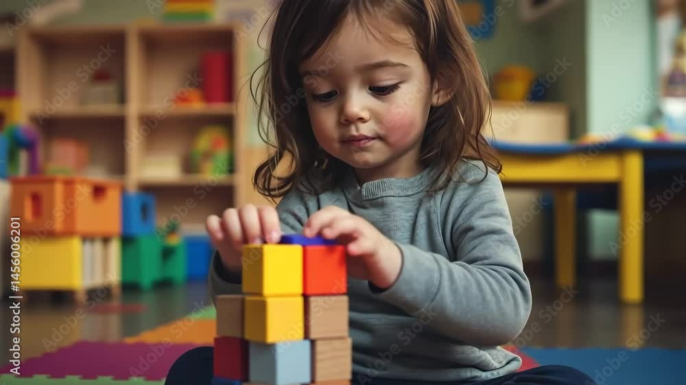 Poster child engages in creative play while sitting on a colorful mat surrounded by building blocks in a br