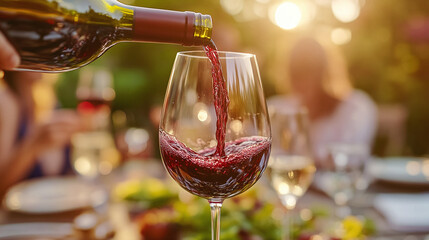 Close-up of glass of red wine being poured. Deep ruby color, swirling liquid, rich aroma, fine dining, elegant experience, luxurious indulgence, sommelier appreciation