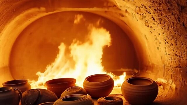 Potter skillfully firing finished ceramic pieces in a traditional kiln during a vibrant sunset