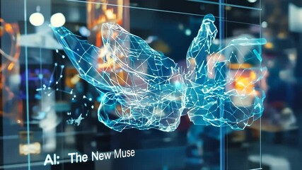 Transparent screen displays intricate AI visualization showcasing creative potential and artistic innovation in urban environment