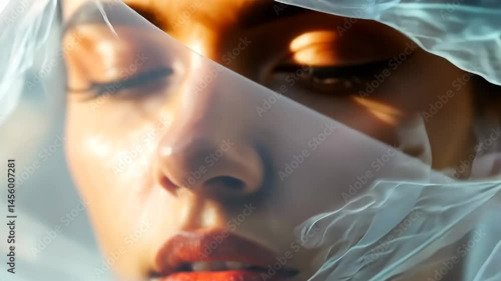 Poster obscured face draped in translucent fabric with warm light revealing calming features and textures a