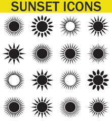 A collection of various black and white sun designs with unique silhouettes, representing different sun illustrations in a minimalist style.