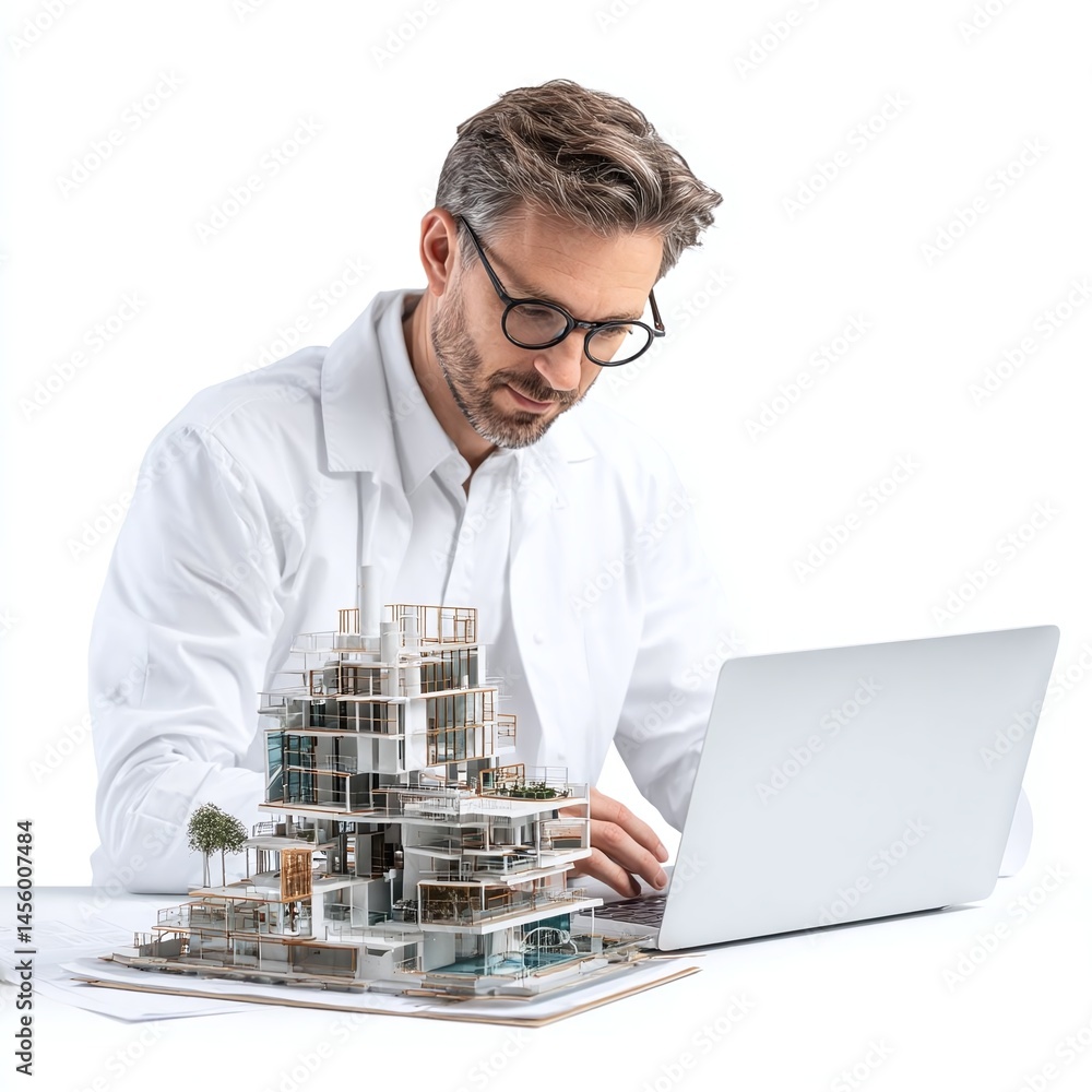 Poster architect analyzing a detailed architectural model on a laptop in a modern office setting