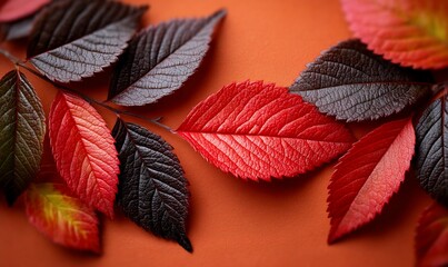 Fototapeta premium Vibrant autumn leaves on orange background (1)