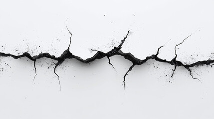 Black split broken crack ground floor isolated on white background. Destruction effect, rock wall tear, fissure. Illustration of damage, disaster earthquake, abstract design. Structural damage