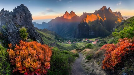 Mountain valley landscape at sunrise with vibrant colors.