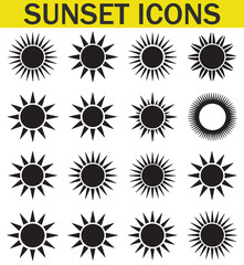 A collection of various black and white sun designs with unique silhouettes, representing different sun illustrations in a minimalist style.