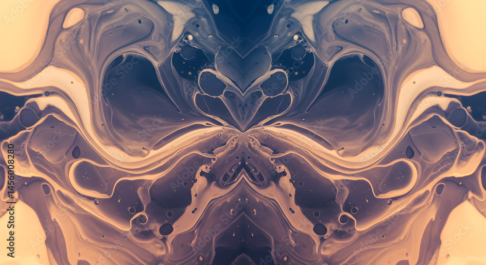 Poster abstract liquid art symmetrical swirls of beige, brown, and blue hues, creating a unique and visuall