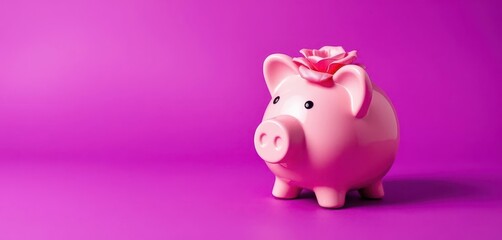 A rosy pink piggy bank rests on a vibrant purple background, deposit, economy, moneybox
