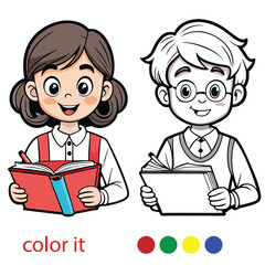 Cute Girl and Boy Reading a Book Coloring Page for Kids | Vector Line Art Illustration | Cartoon Character for Printable Coloring Book