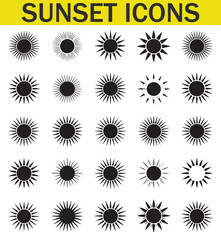 Fototapeta premium A collection of various black and white sun designs with unique silhouettes, representing different sun illustrations in a minimalist style.