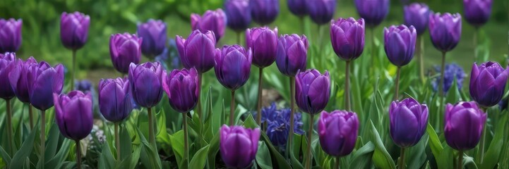 Fototapeta premium Blue purple tulip violet mix, lush green backdrop, serene floral beauty , bloom, purple