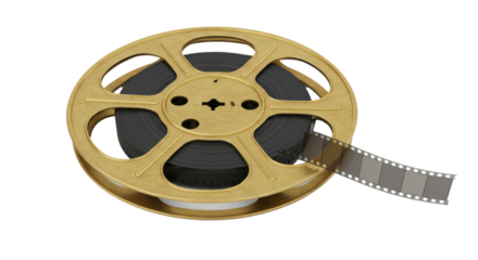 Isolated Golden Film Reel with Black Film Strip Vintage