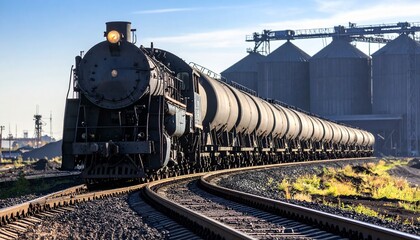 Naklejka premium Powerful Vintage Steam Locomotive Pulling Tanker Cars on Railway Tracks near Silos