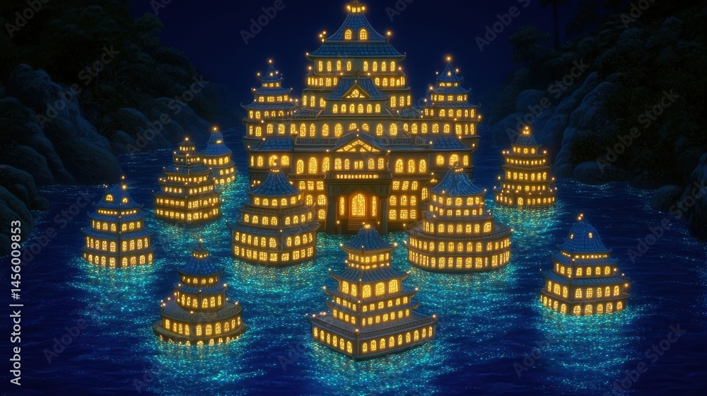 Poster nighttime illuminated water city with intricate architectural structure creating an ethereal light a