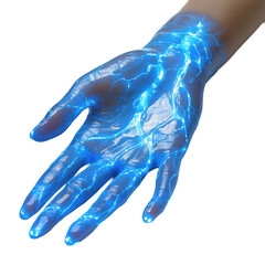 Glowing hand with blue energy effect stock photo high resolution image on transparent background