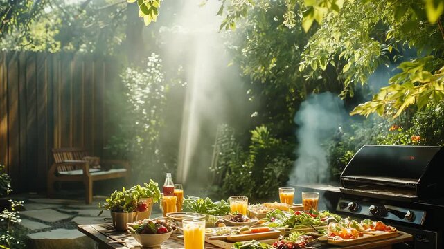 Charming outdoor barbecue setup with grill, fresh ingredients, and drinks in a vibrant, sunlit garden