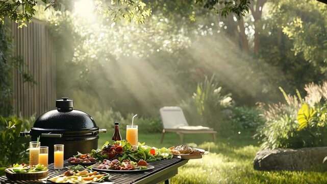 Charming outdoor barbecue setup with fresh grill and vibrant food surrounded by greenery in a serene backyard setting