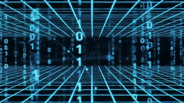 Abstract Digital Tunnel With Binary Code in Blue Lights