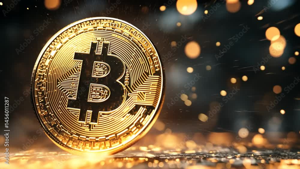 Poster Close up view of a spinning Bitcoin coin with sparkling background effects showcasing cryptocurrency uniqueness