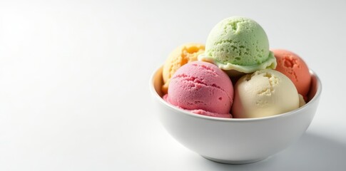 Multicolored ice cream in bowl, white backdrop , topping, summer, rainbow