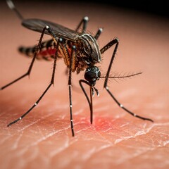 A close-up of a mosquito biting human skin, with its proboscis piercing the surface.