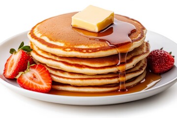 Stacked golden pancakes whisper sweet symphony, maple syrup cascade, Strawberry Festival morning, decadent breakfast indulgence dance