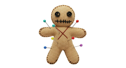 Isolated Voodoo Doll Pinned with Colorful Needles