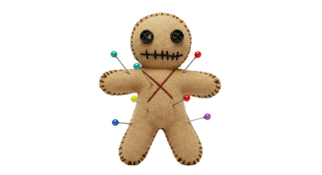 Isolated Voodoo Doll Pinned with Colorful Needles