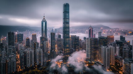 Fototapeta premium Hongkong's skyline shrouded in dramatic fog showcasing a modern urban landscape at twilight with glowing city lights and towering skyscrapers