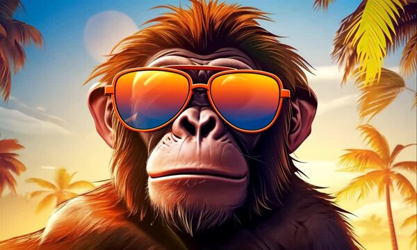cool monkey with sunglasses relax on tropical beach summer vacation illustrated animation