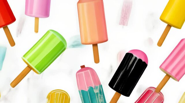 Colorful abstract pattern featuring various ice cream popsicles on a bright background