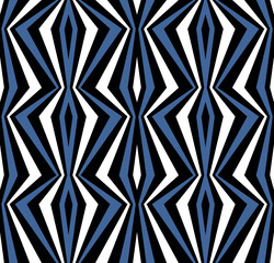 Seamless striped pattern with vertical zigzag stripes in blue, white, and black. Abstract geometric design in a modern ethnic style. Vector illustration. 
