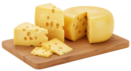 Isolated Assortment of Swiss Cheese on Wooden Board